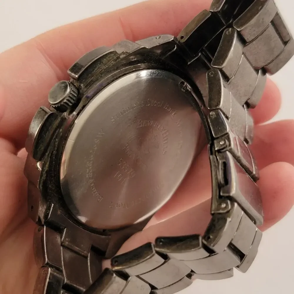 Beverly Hills Polo Club Mens Watch 44mm Black Dial Silver Stainless Bracelet